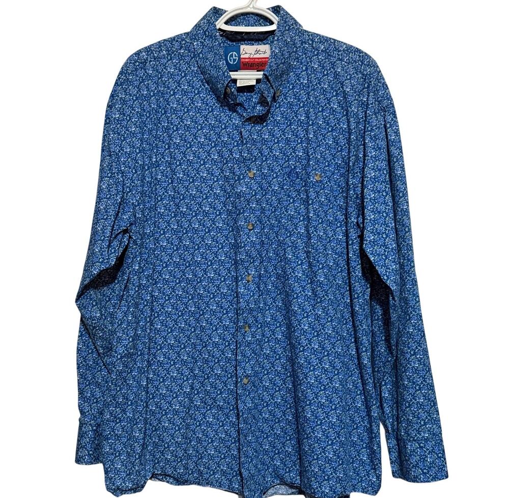 George Strait Wrangler Men's Blue Floral Long Sleeve Button Down Shirt Size XL